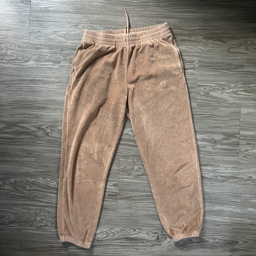 Anine Bing Sport Tan Velour Joggers Monogram Logo Sweatpants Small